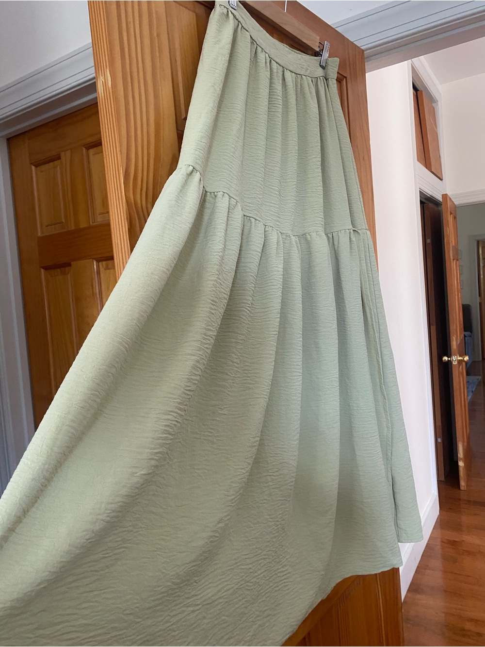 Fashion Nova Sage Green Tiered Maxi Skirt Side Slit Boho Resort Size M JKI